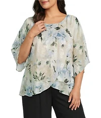 Alex Evenings Plus Size Floral Print Tulip Overlay Burnout Blouse