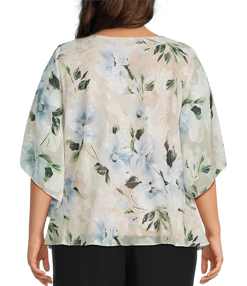 Alex Evenings Plus Size Floral Print Tulip Overlay Burnout Blouse