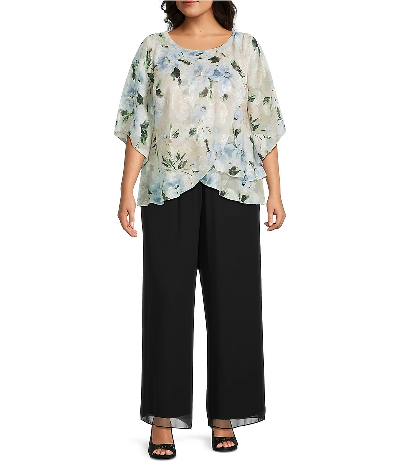 Alex Evenings Plus Size Floral Print Tulip Overlay Burnout Blouse