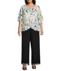 Alex Evenings Plus Size Floral Print Tulip Overlay Burnout Blouse
