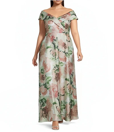 Alex Evenings Plus Size Floral Shimmer Metallic Print Off The Shoulder Sleeveless Gown