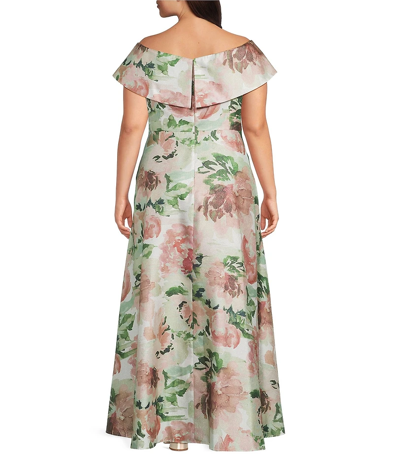 Alex Evenings Plus Size Floral Shimmer Metallic Print Off The Shoulder Sleeveless Gown