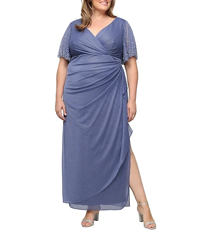 Alex Evenings Plus Size Glitter Mesh V-Neck Beaded Flutter Short Sleeve Empire Waist Gown