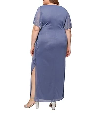 Alex Evenings Plus Size Glitter Mesh V-Neck Beaded Flutter Short Sleeve Empire Waist Gown