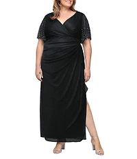 Alex Evenings Plus Size Glitter Mesh V-Neck Beaded Flutter Short Sleeve Empire Waist Gown