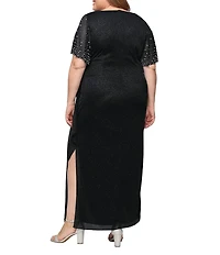 Alex Evenings Plus Size Glitter Mesh V-Neck Beaded Flutter Short Sleeve Empire Waist Gown