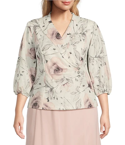 Alex Evenings Plus Size Jacquard Collared V Neck 3/4 Bubble Hem Sleeve Floral Blouse