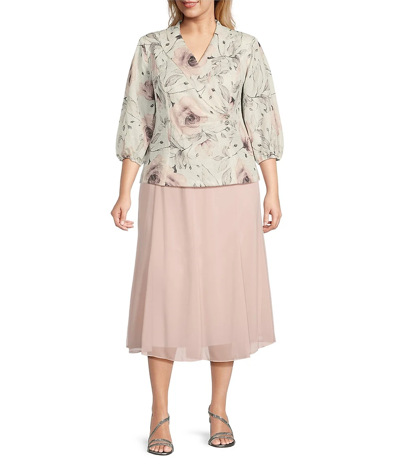 Alex Evenings Plus Size Jacquard Collared V Neck 3/4 Bubble Hem Sleeve Floral Blouse