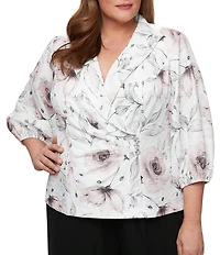 Alex Evenings Plus Size Jacquard Collared V Neck 3/4 Bubble Hem Sleeve Floral Blouse