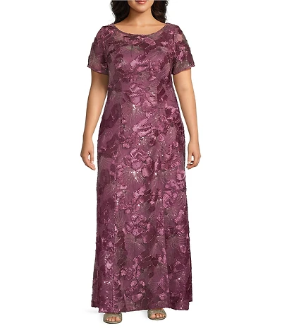 Alex Evenings Plus Size Lace Scoop Neck Short Sleeve A-Line Gown