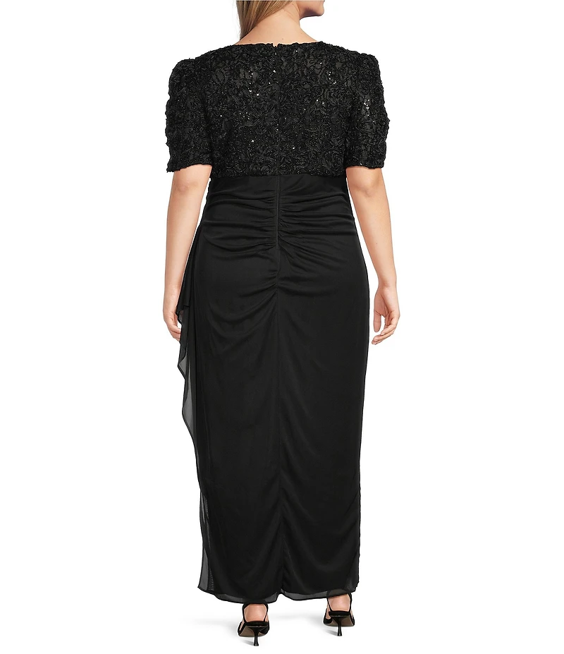 Alex Evenings Plus Size Lace Soutache Bodice V-Neck Short Sleeve Cascade Ruffle Empire Waist Dress