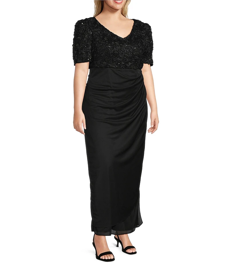 Alex Evenings Plus Size Lace Soutache Bodice V-Neck Short Sleeve Cascade Ruffle Empire Waist Dress