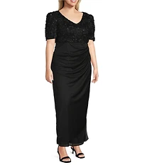 Alex Evenings Plus Size Lace Soutache Bodice V-Neck Short Sleeve Cascade Ruffle Empire Waist Dress