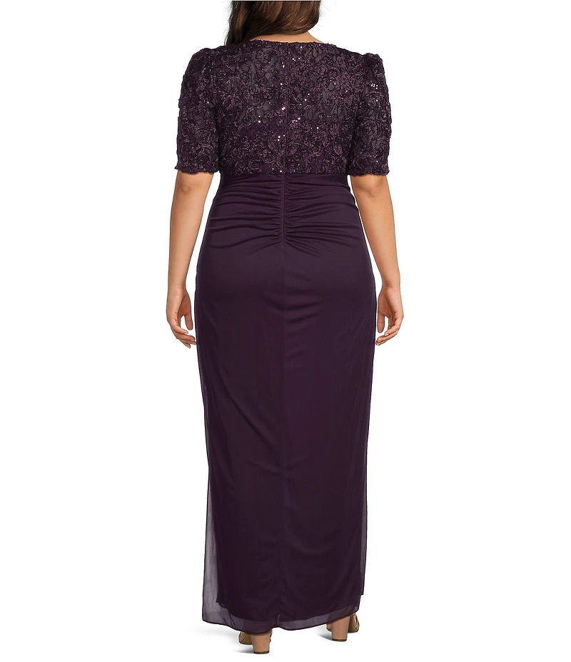 Alex Evenings Plus Size Lace Soutache Bodice V-Neck Short Sleeve Cascade Ruffle Empire Waist Dress