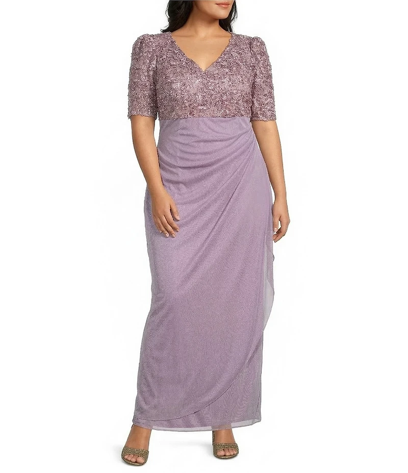 Alex Evenings Plus Size Lace Soutache Bodice V-Neck Short Sleeve Cascade Ruffle Empire Waist Dress