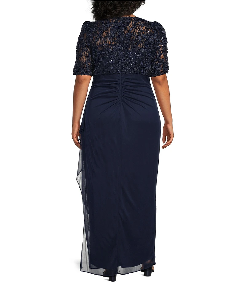 Alex Evenings Plus Size Lace Soutache Bodice V-Neck Short Sleeve Cascade Ruffle Empire Waist Dress