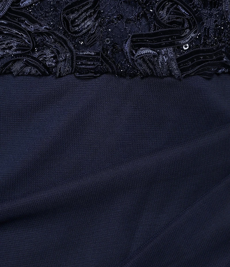 Alex Evenings Plus Size Lace Soutache Bodice V-Neck Short Sleeve Cascade Ruffle Empire Waist Dress