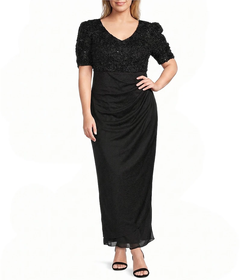 Alex Evenings Plus Size Lace Soutache Bodice V-Neck Short Sleeve Cascade Ruffle Empire Waist Dress