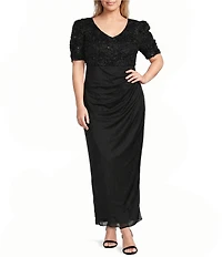 Alex Evenings Plus Size Lace Soutache Bodice V-Neck Short Sleeve Cascade Ruffle Empire Waist Dress