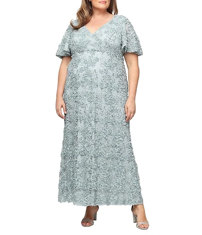 Alex Evenings Plus Size Lace Soutache Surplice Neck Short Sleeve Empire Waist Gown