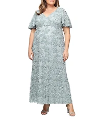 Alex Evenings Plus Size Lace Soutache Surplice Neck Short Sleeve Empire Waist Gown