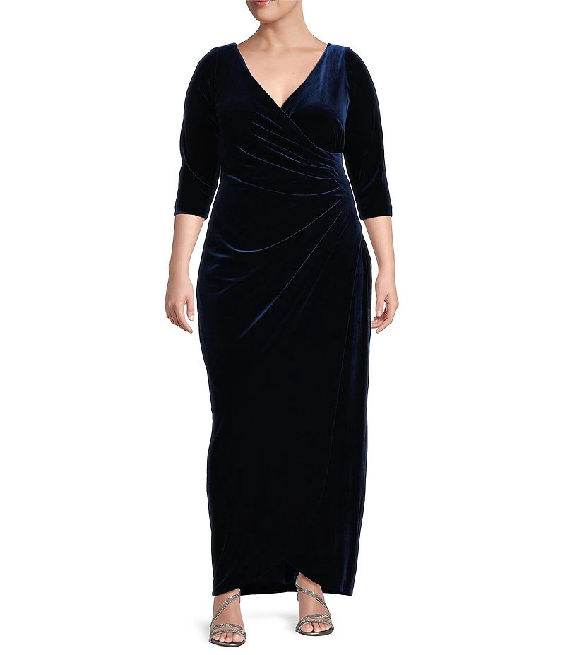 Alex Evenings Plus Size Long Sleeve V-Neck Tulip Hem Velvet Dress