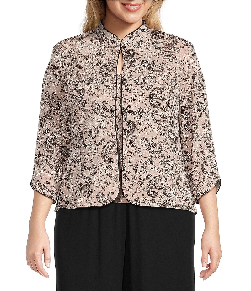 Alex Evenings Plus Size Mandarin Neck 3/4 Sleeve Glitter Paisley Twinset