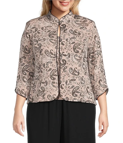 Alex Evenings Plus Size Mandarin Neck 3/4 Sleeve Glitter Paisley Twinset