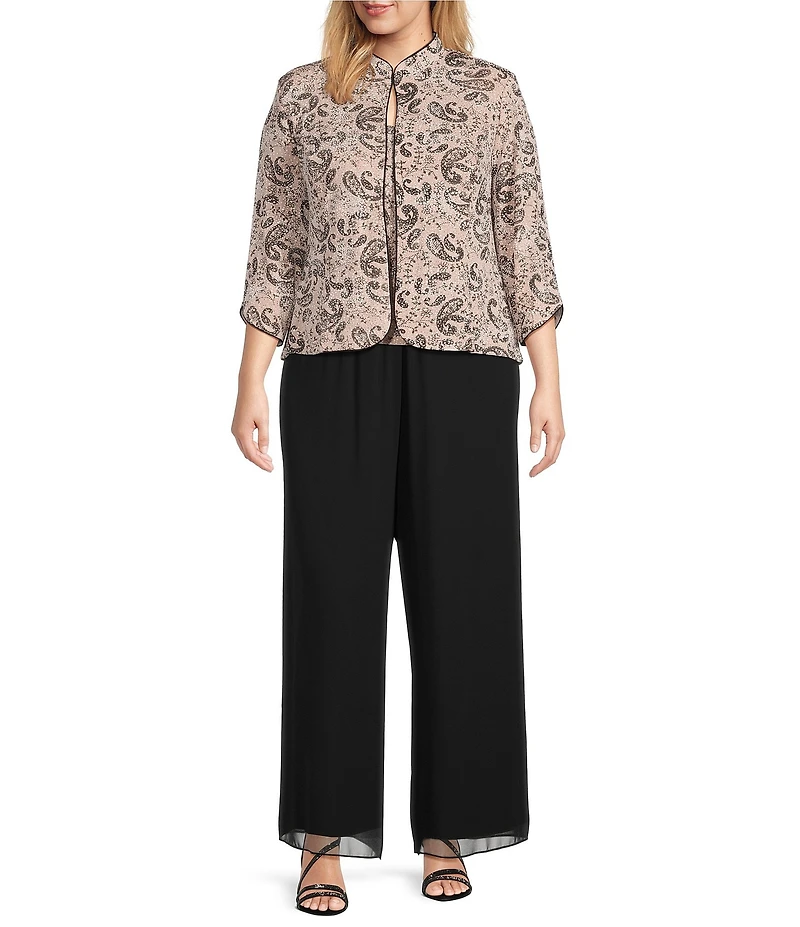 Alex Evenings Plus Size Mandarin Neck 3/4 Sleeve Glitter Paisley Twinset