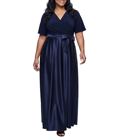Alex Evenings Plus Size Matte Jersey Surplice Neck Short Sleeve Long Dress