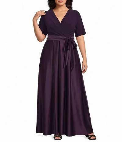 Alex Evenings Plus Size Matte Jersey Surplice Neck Short Sleeve Long Dress