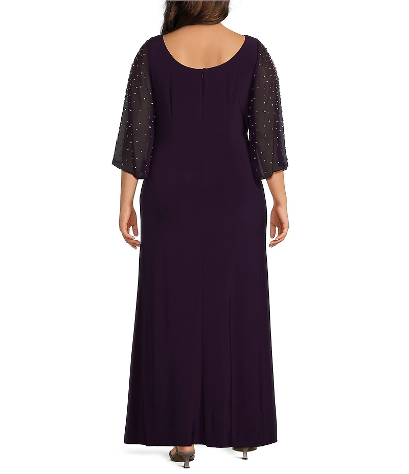 Alex Evenings Plus Size Matte Jersey Boat Neck Embellished Split Sleeve Side Ruched Sheath Dress