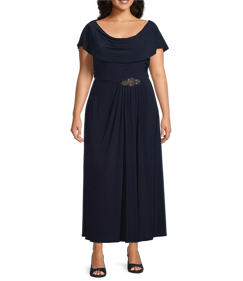 Alex Evenings Plus Size Matte Jersey Cowl Neck Cap Sleeve Pleated Embellished Side Detail Long Gown