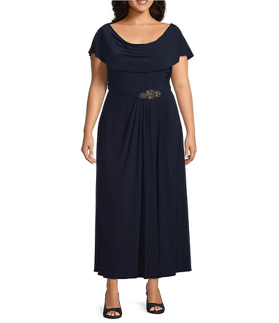 Alex Evenings Plus Size Matte Jersey Cowl Neck Cap Sleeve Pleated Embellished Side Detail Long Gown