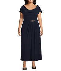 Alex Evenings Plus Size Matte Jersey Cowl Neck Cap Sleeve Pleated Embellished Side Detail Long Gown