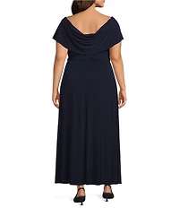 Alex Evenings Plus Size Matte Jersey Cowl Neck Cap Sleeve Pleated Embellished Side Detail Long Gown