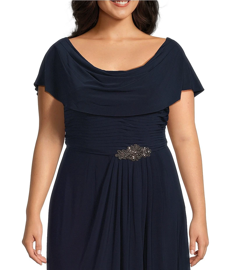 Alex Evenings Plus Size Matte Jersey Cowl Neck Cap Sleeve Pleated Embellished Side Detail Long Gown