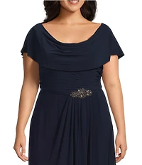 Alex Evenings Plus Size Matte Jersey Cowl Neck Cap Sleeve Pleated Embellished Side Detail Long Gown