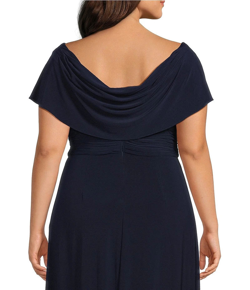 Alex Evenings Plus Size Matte Jersey Cowl Neck Cap Sleeve Pleated Embellished Side Detail Long Gown