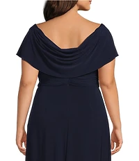 Alex Evenings Plus Size Matte Jersey Cowl Neck Cap Sleeve Pleated Embellished Side Detail Long Gown