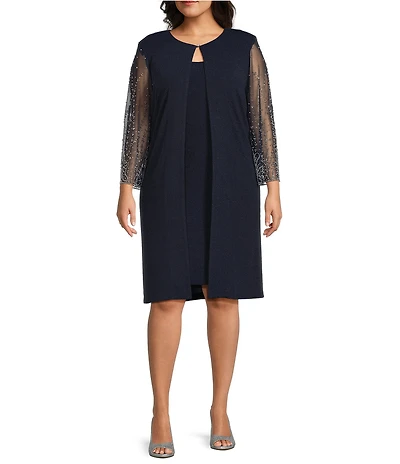 Alex Evenings Plus Size Metallic Knit Illusion Sleeve Jacket Dress