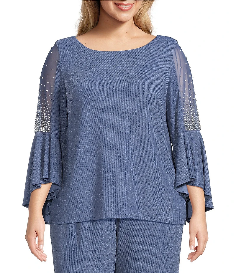 Alex Evenings Plus Size Metallic Knit Pearl Trim Illusion Bell Sleeve Blouse
