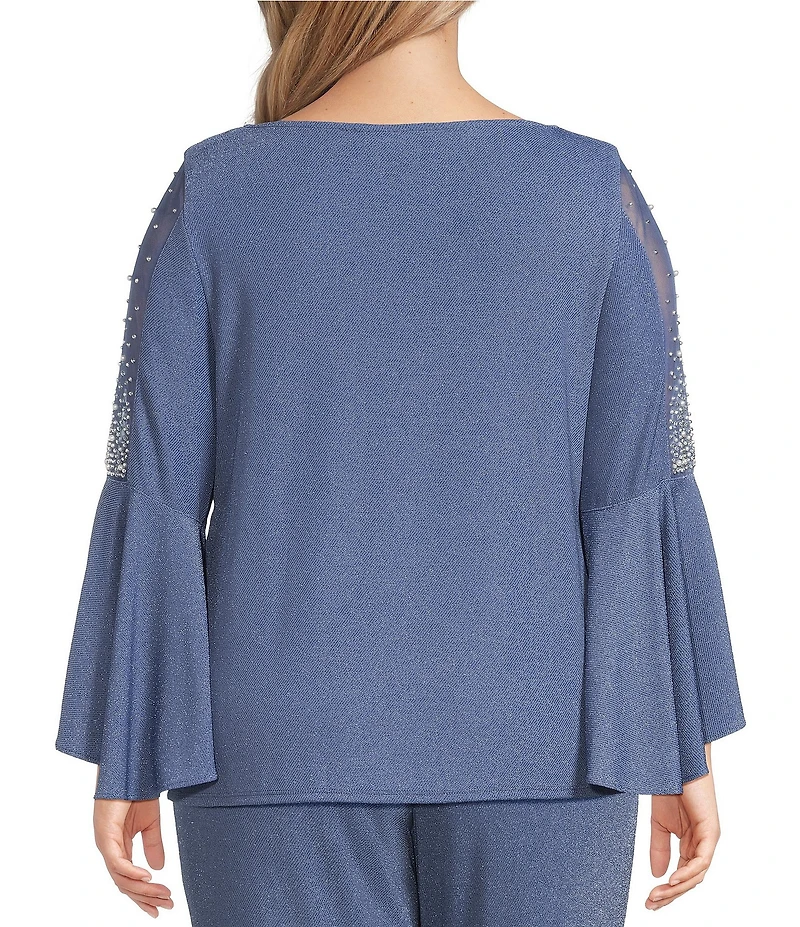 Alex Evenings Plus Size Metallic Knit Pearl Trim Illusion Bell Sleeve Blouse