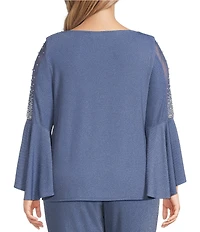 Alex Evenings Plus Size Metallic Knit Pearl Trim Illusion Bell Sleeve Blouse