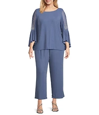Alex Evenings Plus Size Metallic Knit Pearl Trim Illusion Bell Sleeve Blouse