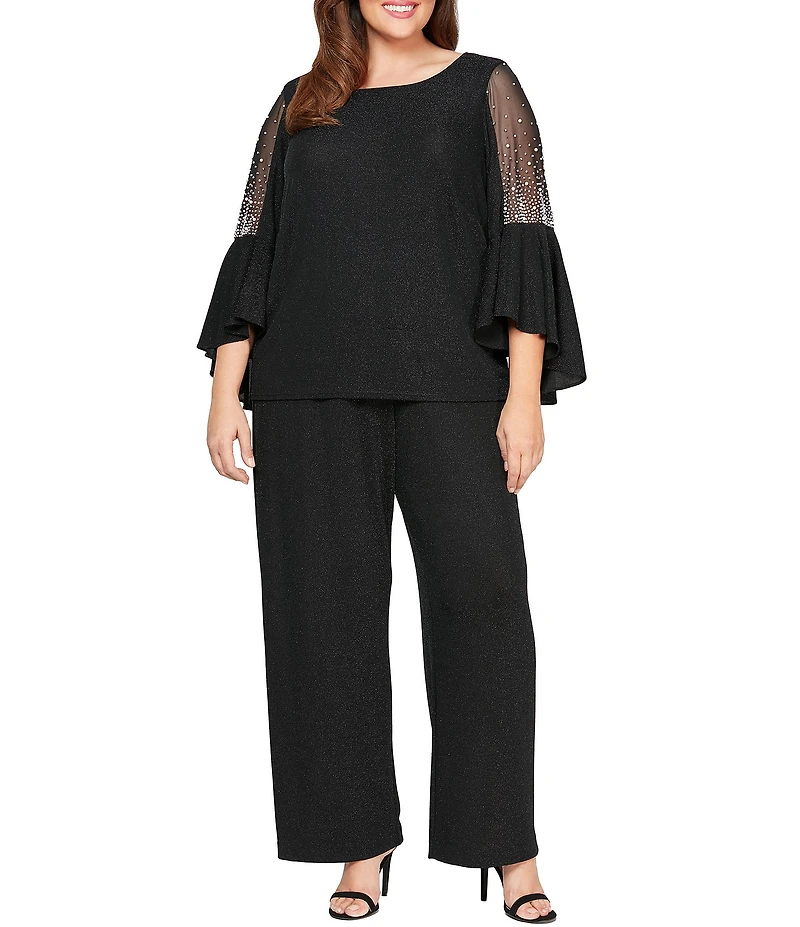 Alex Evenings Plus Size Metallic Knit Pearl Trim Illusion Bell Sleeve Blouse