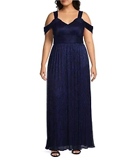 Alex Evenings Plus Size Metallic Knit V-Neck Sleeveless Cold Shoulder A-Line Dress