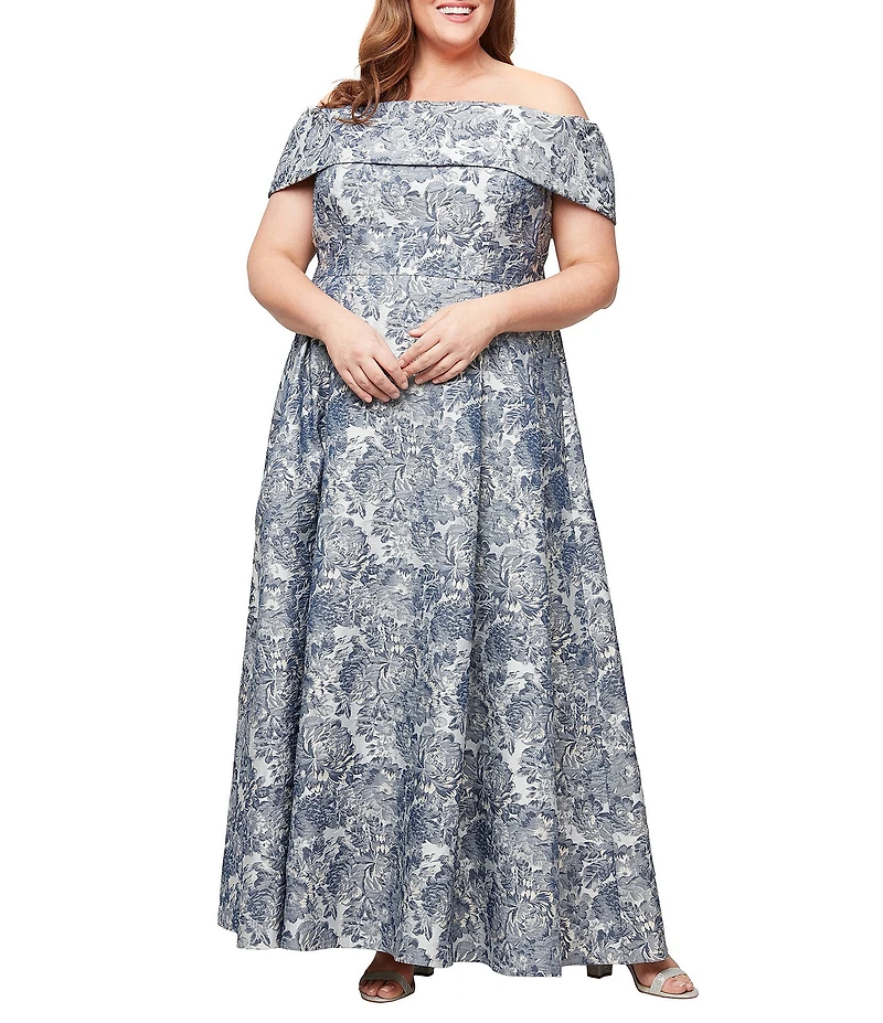Alex Evenings Plus Size Off-The-Shoulder Floral Jacquard Ballgown