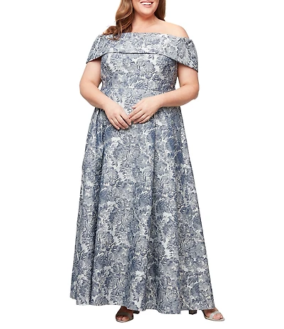 Alex Evenings Plus Size Off-The-Shoulder Floral Jacquard Ballgown