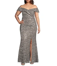 Alex Evenings Plus Size Off the Shoulder Short Sleeve Sequin Lace Gown